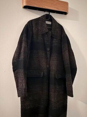 Universal Works Alpaca Account Coat — Brown/Black Stripe — Size L